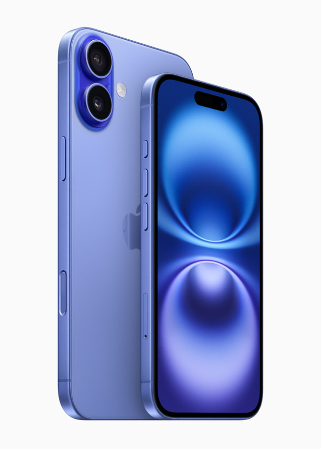 Apple iPhone 16 in ultramarine, front and rear official Apple product image
