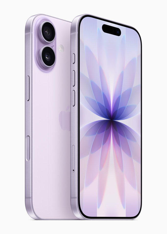 Apple iPhone 17 in lavender, front and rear official Apple product image